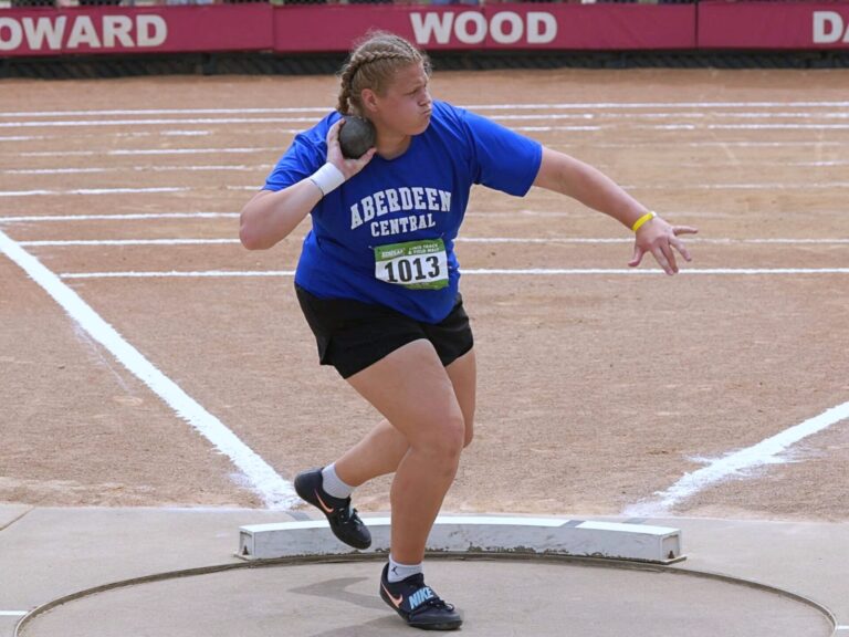 Aberdeen Central's Taryn Hermansen gets ready to throw the shot during the Class AA state track and field meet at Howard Wood Field. Hermansen was named the 2026 Gatorade state track and field athlete of the year. Photo by Kevin Foss for the Aberdeen Insider.