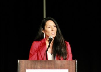 Heather Baxter addresses the state Republican convention on June 27, 2026, at The Monument events center in Rapid City just prior to winning the party’s nomination for secretary of state. South Dakota Searchlight photo by Seth Tupper.