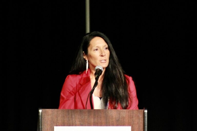 Heather Baxter addresses the state Republican convention on June 27, 2026, at The Monument events center in Rapid City just prior to winning the party’s nomination for secretary of state. South Dakota Searchlight photo by Seth Tupper.