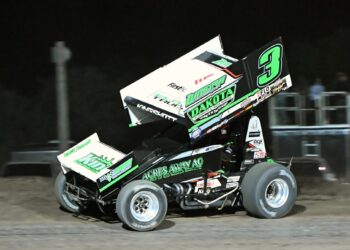 Dayne Kingshott stays to the top of the track approaching the third turn during the NOSA Sprint series A feature race Friday, June 26 at the Brown County Speedway. Kingshott took the checkered flag for his first win of the season. Aberdeen Insider photo by Robb Garofalo.