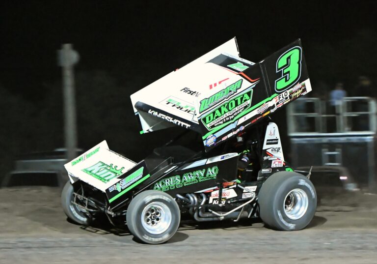 Dayne Kingshott stays to the top of the track approaching the third turn during the NOSA Sprint series A feature race Friday, June 26 at the Brown County Speedway. Kingshott took the checkered flag for his first win of the season. Aberdeen Insider photo by Robb Garofalo.