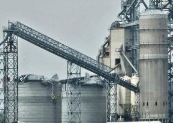 Grain bins in Highmore were badly damaged when a storm rolled through the region the morning of Monday, June 29. Gusts in Highmore reached 131 mph, according to the National Weather Service. Photo courtesy of Dave Swain.