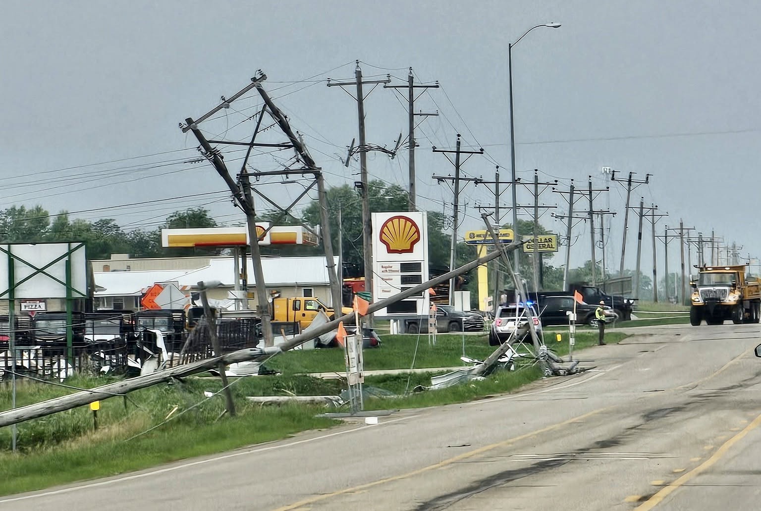 Gusts of 130 mph in the Highmore area knocked down power lines and caused other damage the morning of Monday, June 29. Photo courtesy of Dave Swain.