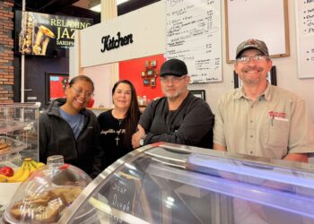 The crew at Cornerstone Cafe includes, from left, Kristina Blackbird, manager and co-owner Kelly Gederos, cook Stefano Catalano and co-owner Gilbert Vilhauer. Aberdeen Insider photo by Elisa Sand.