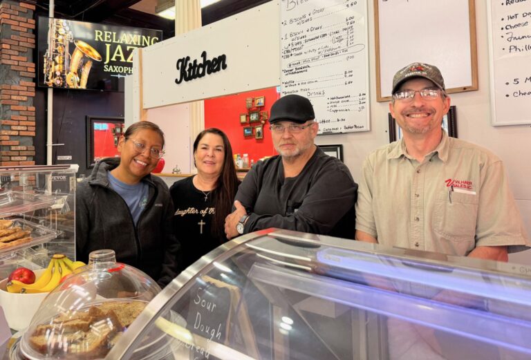 The crew at Cornerstone Cafe includes, from left, Kristina Blackbird, manager and co-owner Kelly Gederos, cook Stefano Catalano and co-owner Gilbert Vilhauer. Aberdeen Insider photo by Elisa Sand.