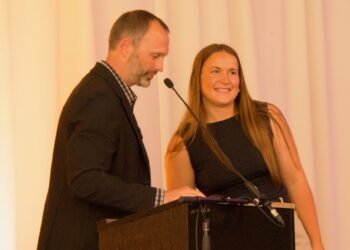 Aberdeen Development Corp. CEO Tim Hanigan stands with Madi Jones, this year's winner of the Aberdeen Pitch Contest. Aberdeen Insider photo by Elisa Sand.
