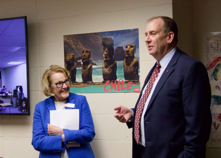 Mary Cundy, director of the Center for Statewide E-Learning, and Northern State University President Alan LaFave visit about the center on the NSU campus during a tour with members of the Aberdeen Area Chamber of Commerce. Aberdeen Insider photo by Elisa Sand.
