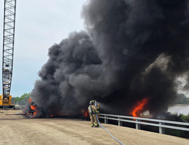 Aberdeen Rural, Columbia and Warner fire departments were all on scene at the Richmond Dam Friday, July 3 in response to a fire burning a tanker and pumps. Photos courtesy of Brown County Emergency Management.