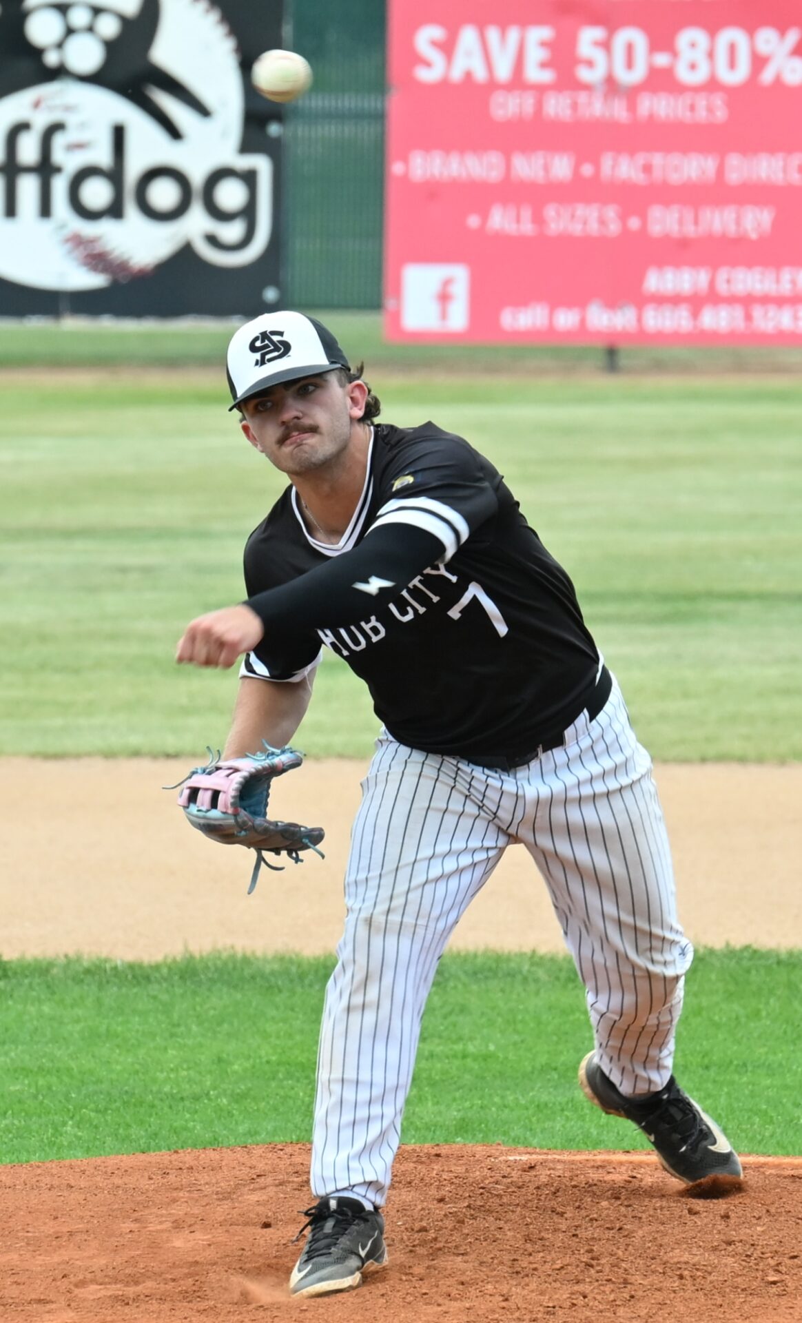 Aberdeen starting pitcher Bennet Eisenbiesz delivers a pitch in the top of the second inning against Palace City on Thursday, July 2 at Fossum Field. Aberdeen Insider photo by Robb Garofalo.