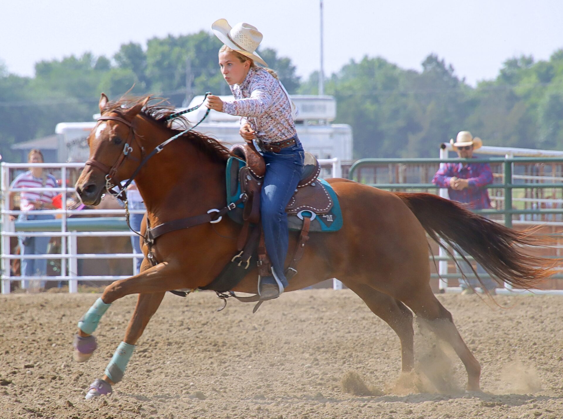 Lilly Mundt of Britton rides in the girls barrel racing competition Saturday, July 4 during the Brown County 4-H Rodeo at Ackerman Arena. Aberdeen Insider photo by Jason Lopez Martinez.