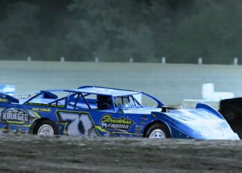 Warner's Trevor Nelson heads to turn three during the Super Stock feature Saturday, July 11 at Brown County Speedway. Nelson won the feature both Friday, July 10 and Saturday as part of the Andy Daly Memorial. Aberdeen Insider photo by Robb Garofalo.