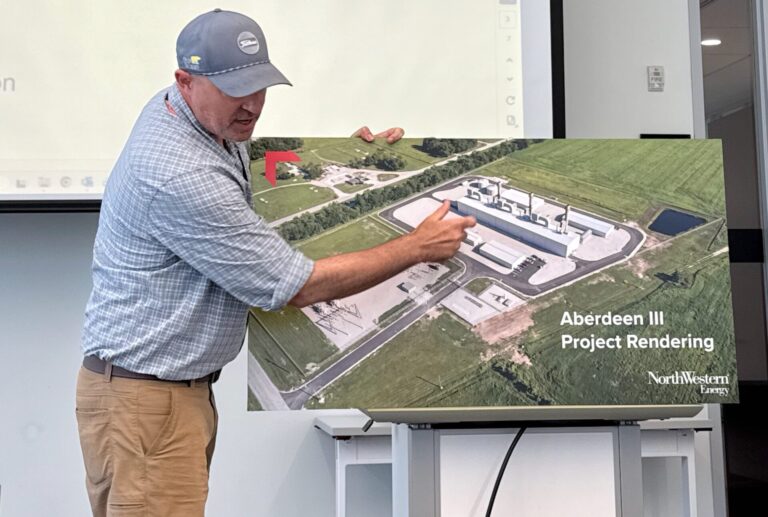 Josh Follman, director of project development for NorthWestern Energy, was at K.O. Lee Aberdeen Public Library Wednesday, July 16 to discuss NorthWestern's proposed energy conversion plant. Aberdeen Insider photo by Elisa Sand.
