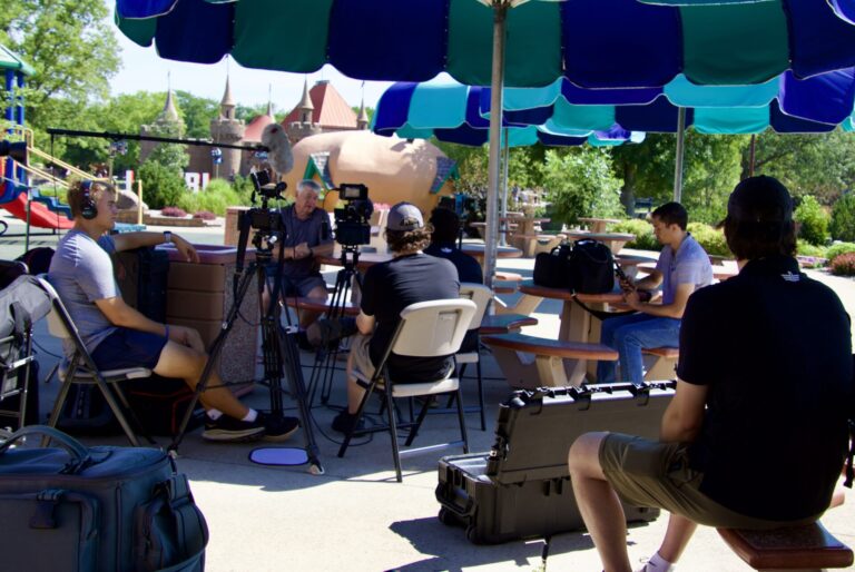 A film crew for South Dakota Public Broadcasting's "Dakota Life" interviews staff with the city Parks, Recreation & Forestry Department. A screening of the Aberdeen episode is set for Sept. 1 at the Johnson Fine Arts Center. Aberdeen Insider photo by Shannon Marvel.