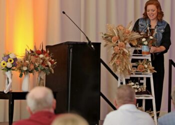 Jessica Cihak of Everlasting Blooms gives an overview of her business during the Aberdeen Business Pitch Competition on Monday, June 29 at Engels Event Co. She was one of four finalists in the contest. Photo courtesy of Northern State University.