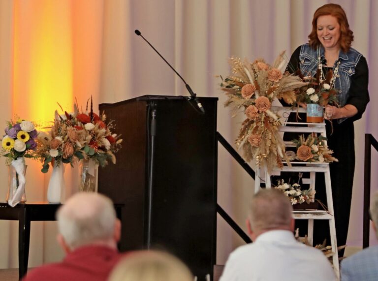 Jessica Cihak of Everlasting Blooms gives an overview of her business during the Aberdeen Business Pitch Competition on Monday, June 29 at Engels Event Co. She was one of four finalists in the contest. Photo courtesy of Northern State University.