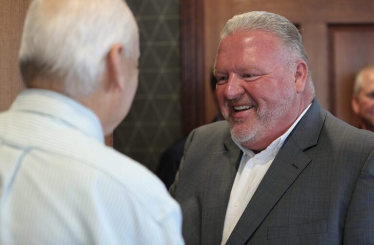 Republican candidate for governor Toby Doeden, an Aberdeen businessman, speaks with members of the South Dakota NewsMedia Association on June 11 in Sioux Falls. South Dakota Searchlight photo by Joshua Haiar.
