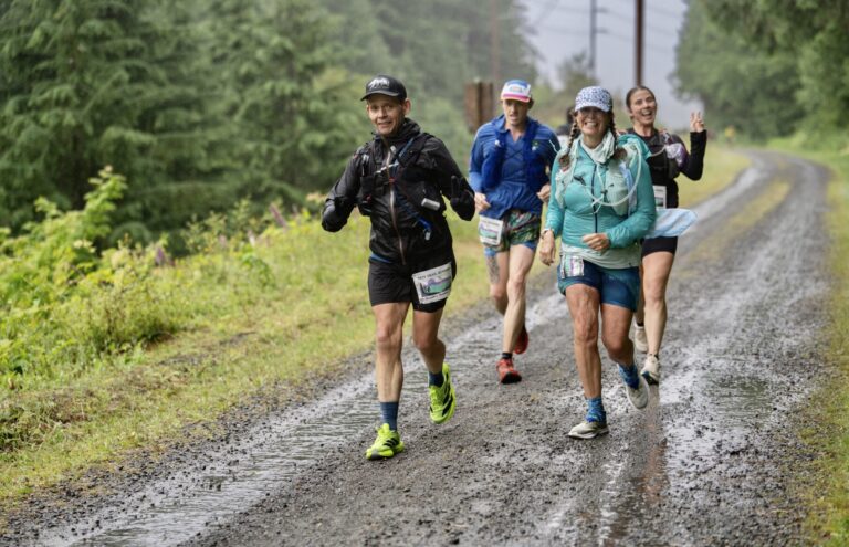 Pamela Monaghan-Geernaert, front right, of Aberdeen runs alongside fellow ultramarathons as she competes in her ninth 100-mile race in Hyak, Wash. Courtesy photo.