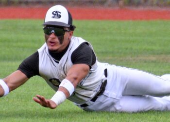 Aberdeen center fielder Jehiel Aviles makes a diving catch for an out during the second game of the Smittys American Legion baseball region playoff series against Yankton on Thursday, July 23 at Riverside Field in Bob Tereshinski Stadium. Yankton swept the best-of-three series to advance to the American Legion Class A State Tournament. Photo courtesy James Ciumburek, Press and Dakotan.