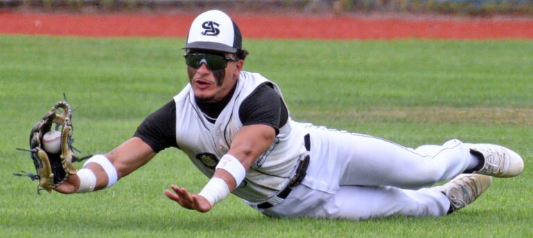 Aberdeen center fielder Jehiel Aviles makes a diving catch for an out during the second game of the Smittys American Legion baseball region playoff series against Yankton on Thursday, July 23 at Riverside Field in Bob Tereshinski Stadium. Yankton swept the best-of-three series to advance to the American Legion Class A State Tournament. Photo courtesy James Ciumburek, Press and Dakotan.