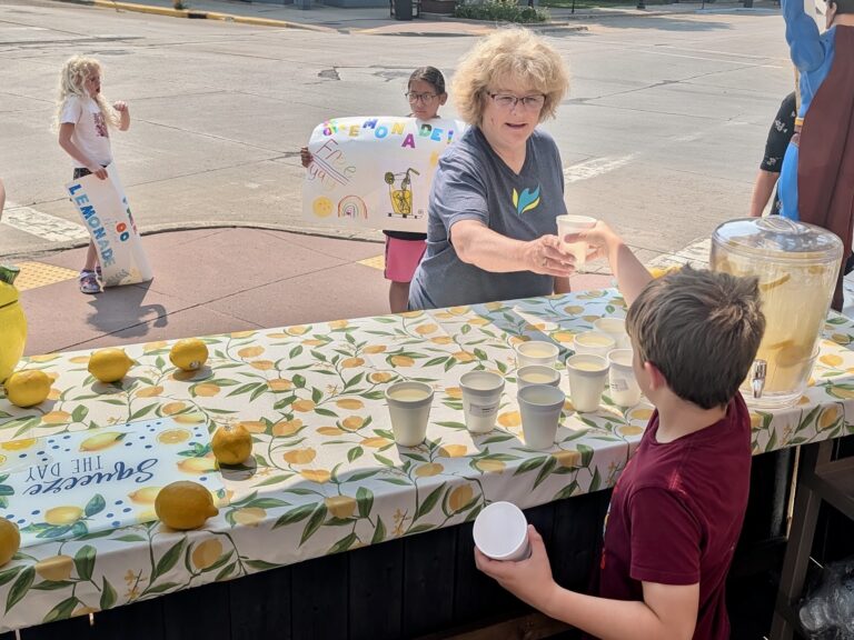 Free lemonade was available for folks who were in downtown Aberdeen the morning of Monday July 27. Northeastern Mental Health Center set up a lemonade stand in the 10 block of South Main Street. The aim was to spread optimism in the community. Northeastern's third-grade summer group helped work at the stand. Aberdeen Insider photos by Scott Waltman.