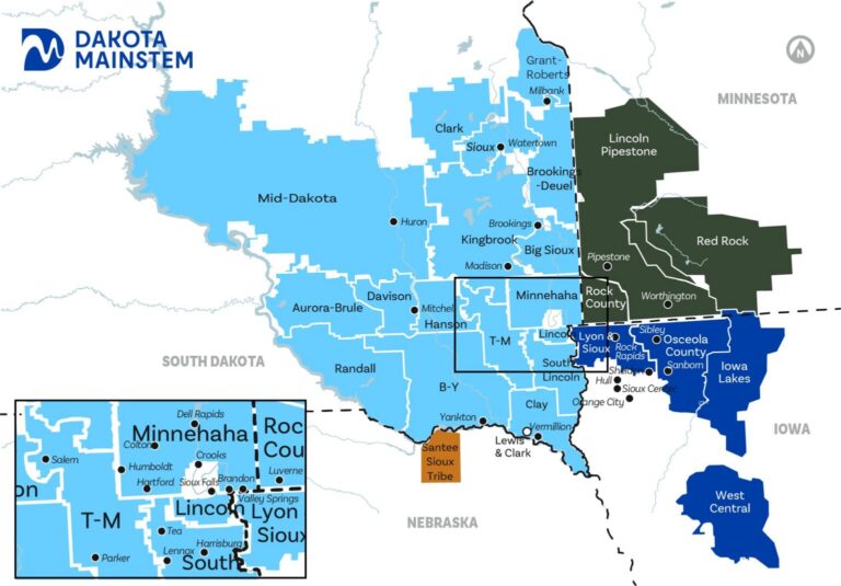 A map of water providers that would be served by the proposed Dakota Mainstem Regional Water System pipeline project. Map courtesy of Dakota Mainstem.