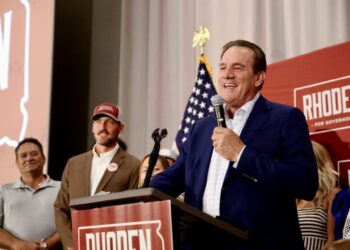 South Dakota Gov. Larry Rhoden delivers a victory speech at his election night watch party in downtown Sioux Falls on July 28, 2026. Rhoden won the Republican nomination for governor in a runoff election with political newcomer Toby Doeden of Aberdeen. South Dakota Searchlight photo by Makenzie Huber.