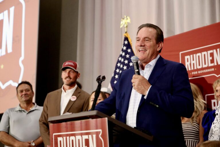South Dakota Gov. Larry Rhoden delivers a victory speech at his election night watch party in downtown Sioux Falls on July 28, 2026. Rhoden won the Republican nomination for governor in a runoff election with political newcomer Toby Doeden of Aberdeen. South Dakota Searchlight photo by Makenzie Huber.