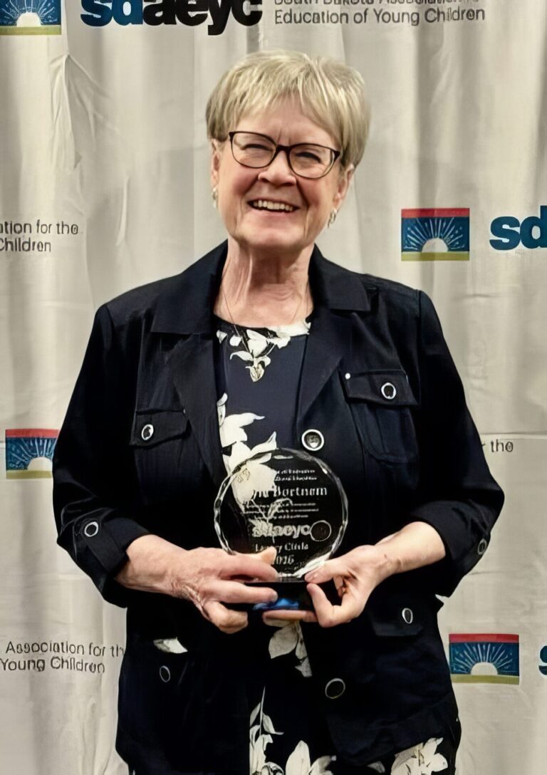 Gayle Bortnem of Aberdeen received the Legacy Circle Award on April 9 in Rapid City surrounded by friends and fellow educators. Courtesy photo.