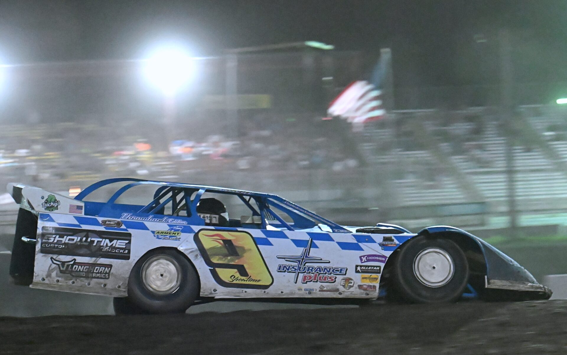 Aberdeen's Kent Arment hits the back straight away in the Late Model feature during Kids Night on Friday, July 31 at Brown County Speedway. Arment won the race. Aberdeen Insider photo by Robb Garofalo.