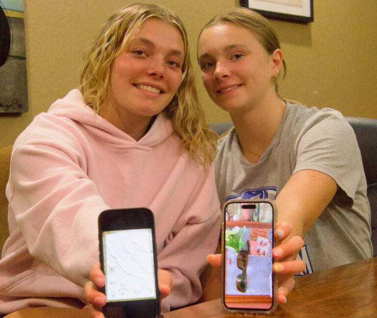 Sister Elyana, left, and Rhylen Roach of Aberdeen are gearing up for another Brown County Fair. Each has home environment static exhibits, pictured on their phones, and will be showing sheep. Aberdeen Insider photo by Elisa Sand.