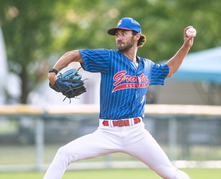 Pitcher Jarret Erdmann fires home for Groton Post 39 during its Class B American Legion State Baseball Tournament opening-round game against Garretson Friday, July 31 in Madison. Groton won that contest, but was eliminated with an 8-4 loss to Dakota Valley Sunday, Aug. 2. Photo courtesy of Black Studios.