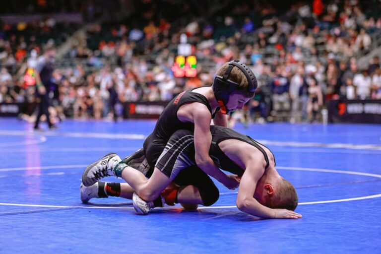 Brooks Sombke holds top position during the finals at World of Wrestling Kickoff Classic in Tulsa, Okla. Sombke earned enough points to be named to the world all-star team. Courtesy photo.