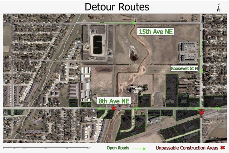 Work continues at the Intersection of Eighth Avenue Northeast and North Roosevelt, but eastbound traffic can now get through on Eighth. This map shows detour options. Map courtesy of the city of Aberdeen.