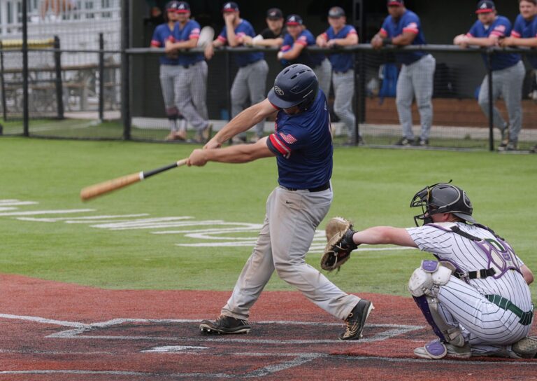 Aberdeen Circus catcher Kelly Coates puts a swing on a pitch against Renner Sunday, Aug. 9 during a Class A South Dakota Amateur Baseball Tournament game in Yankton. The Circus lost 7-5 and faces Tea on Wednesday on Aug. 14 in Mitchell in an elimination game. Photo by Kevin Foss for The Aberdeen Insider.