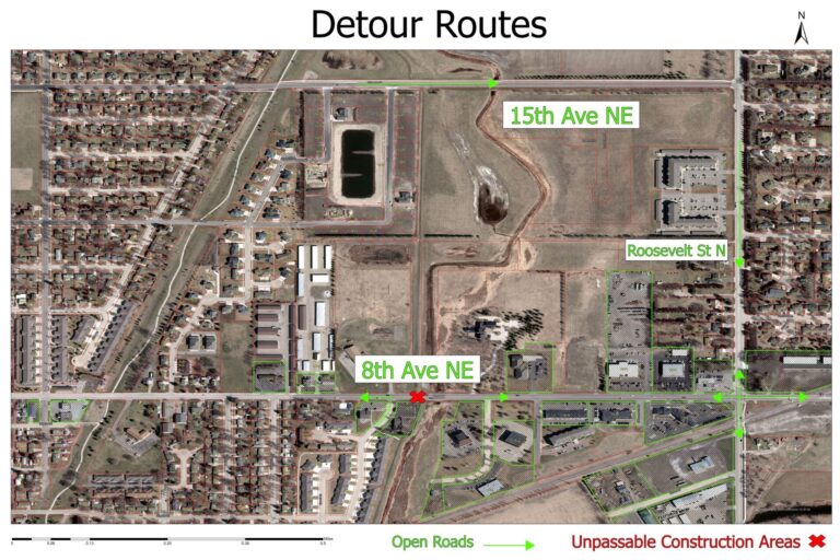 Work is complete on North Roosevelt Street, and its intersection with Eighth Avenue Northeast is now open. Map courtesy of the city of Aberdeen.