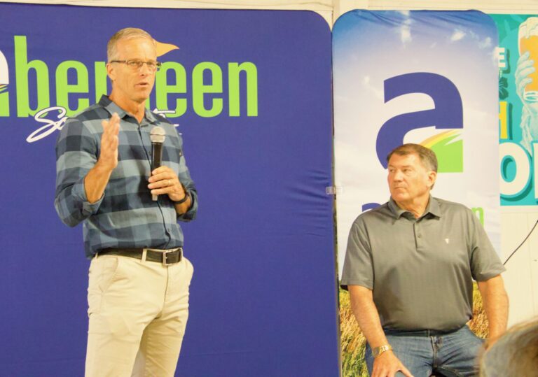 U.S. Sens. John Thune, left, and Mike Rounds, both Republicans from South Dakota, took questions from attendees at an Aberdeen Area Chamber of Commerce Agribusiness Committee event at the Brown County Fair on Thursday, Aug. 13. Aberdeen Insider photo by Elisa Sand.