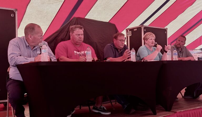 South Dakota Farmers Union hosted an agriculture discussion about taxes on Saturday, Aug. 15 at the Brown County Fair. Pictured, from left, are Mitch Richter of South Dakota Farmers Union; state Rep. Nick Fosness, R-Britton; Brown County Director of Equalization Gene Loeschke; Brown County Auditor Lynn Heupel; and Brown County Commissioner Mike Gage. Aberdeen Insider photo by Scott Waltman.