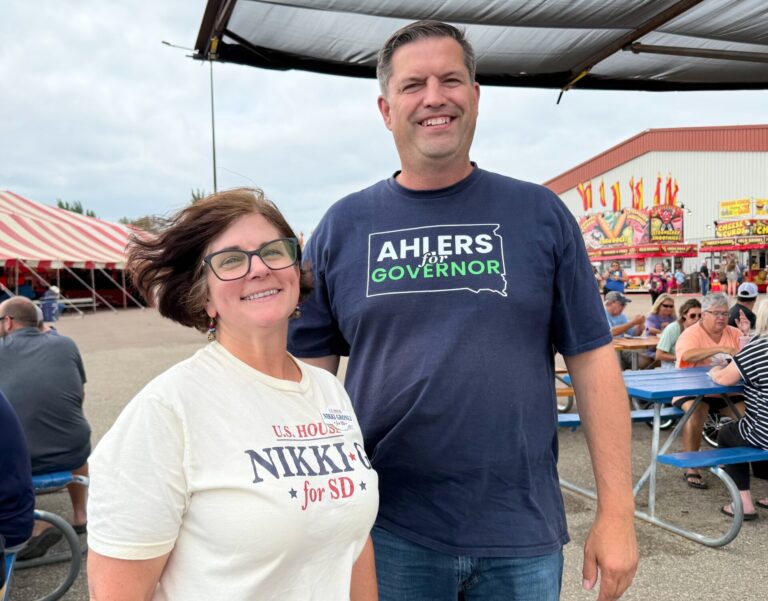 Democratic candidates Nikki Gronli and Dan Ahlers were at the Brown County Fair on Saturday, Aug. 15. Gronli is running for U.S. House of Representatives, and Ahlers is running for governor. Aberdeen Insider photo by Elisa Sand.