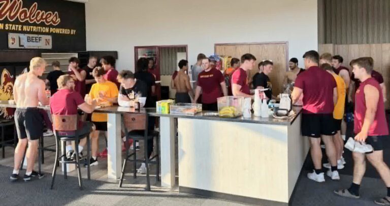 Northern State University athletes gather around a newly established recovery station inside the Barnett Center. Photo courtesy of Beef Logic.