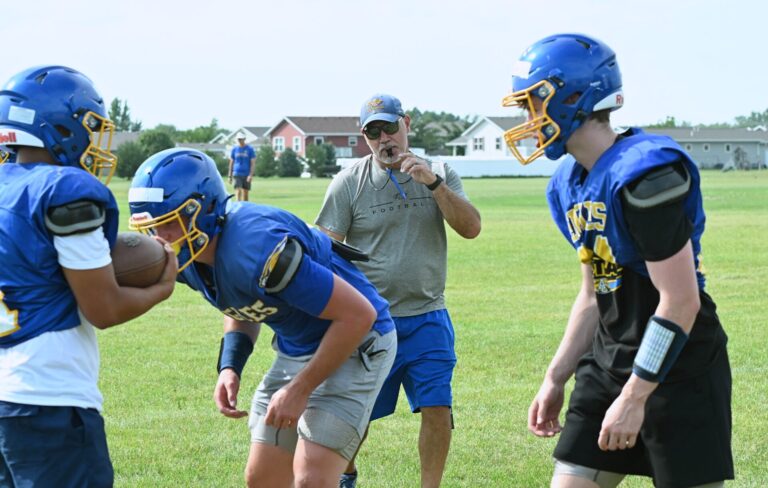 Aberdeen Central head football coach Justin Briese watches during blocking drills at practice on Thursday, Aug. 20. The Eagles play Yankton at 7 p.m. Friday, Aug. 28 at Brownell Activities Complex. Aberdeen Insider photo by Robb Garofalo.