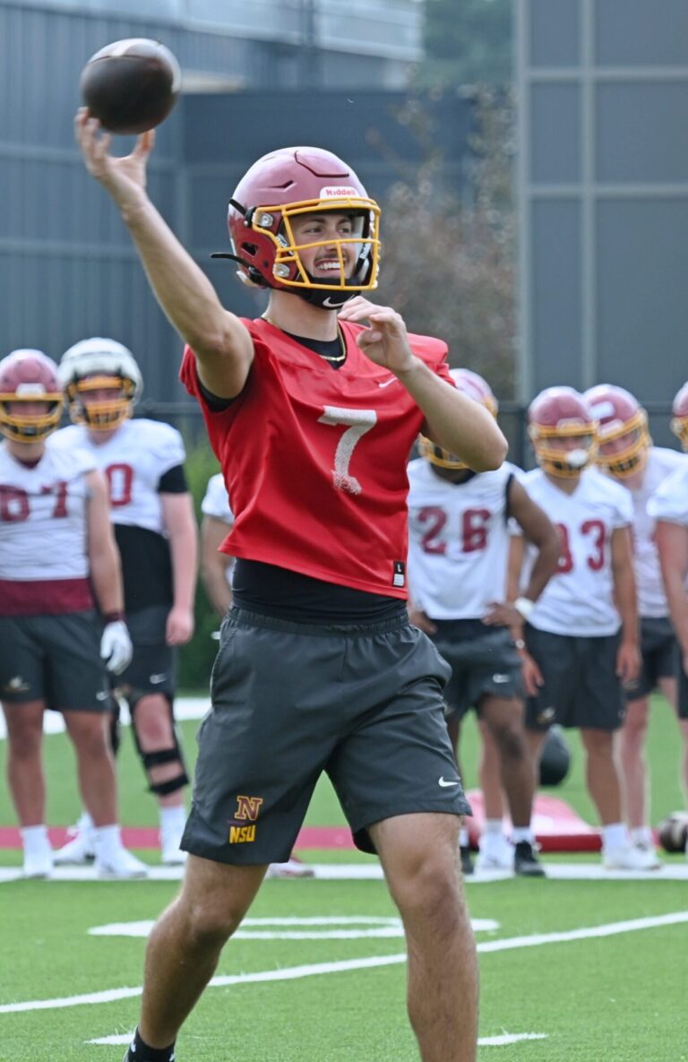 Northern State quarterback Joey Dube-Garrett throws a pass during practice on Monday, Aug. 24. The Wolves host Chandron State on Thursday, Aug. 27 to open the season. Aberdeen Insider photo by Robb Garofalo.