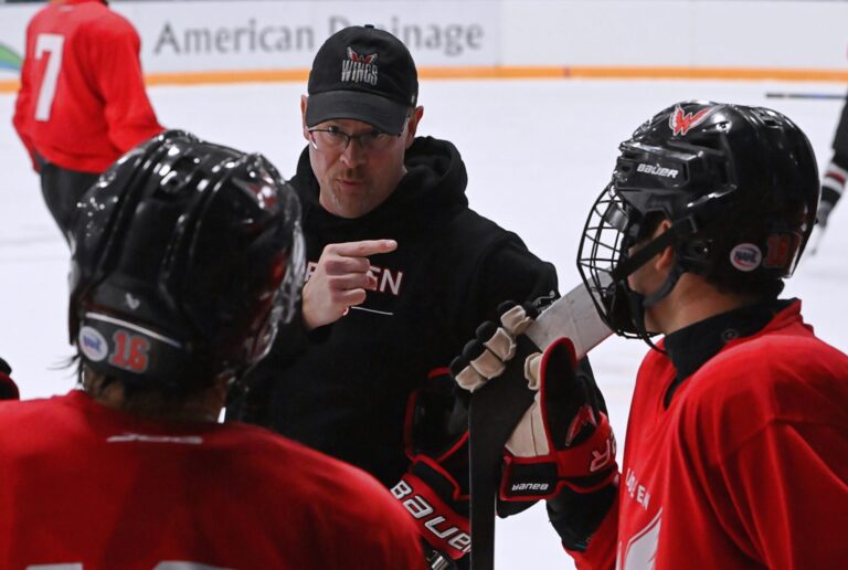 Aberdeen head coach Scott Langer goes over assignments during practice Saturday, Aug. 29 at the Odde Ice Center. The Wings and Watertown will play a home-and-home exhibition series Friday Sept. 4 in Watertown and Saturday, Sept. 5 in Aberdeen. Aberdeen Insider photo by Robb Garofalo.
