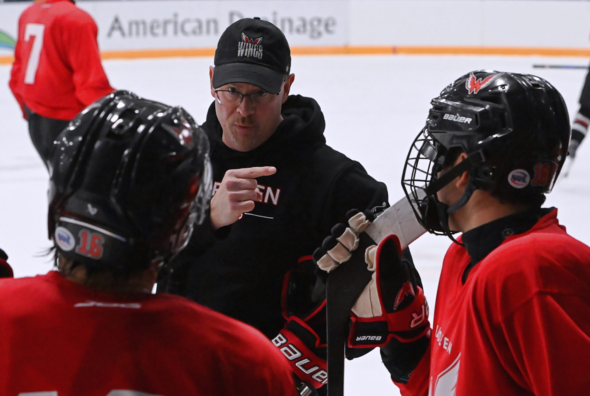 Aberdeen head coach Scott Langer goes over assignments during practice Saturday, Aug. 29 at the Odde Ice Center. The Wings and Watertown will play a home-and-home exhibition series Friday Sept. 4 in Watertown and Saturday, Sept. 5 in Aberdeen. Aberdeen Insider photo by Robb Garofalo.
