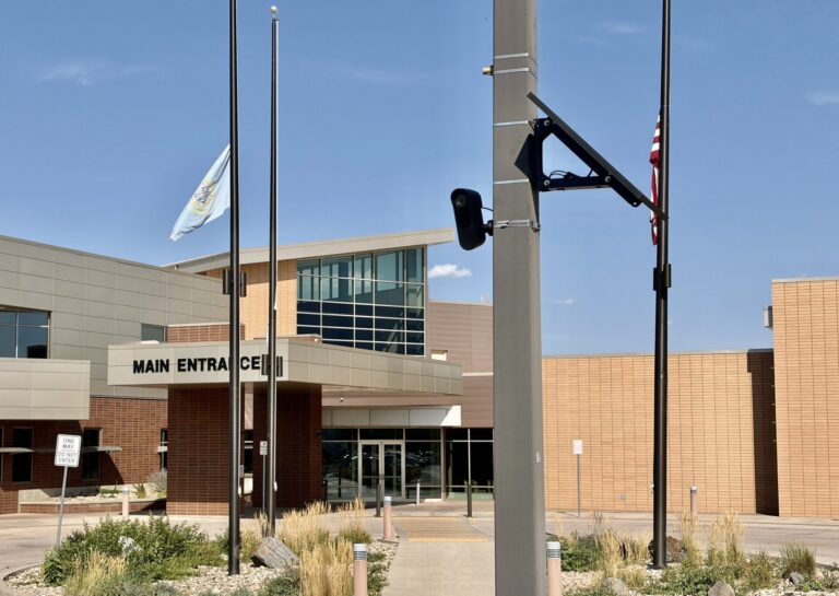 A Flock camera outside Western Dakota Technical College in Rapid City, S.D., on Aug. 27, 2026. While Rapid City does not own or operate any Flock cameras, organizations like businesses and universities can purchase the technology to use on private premises. South Dakota News Watch photo by Carson Walker.