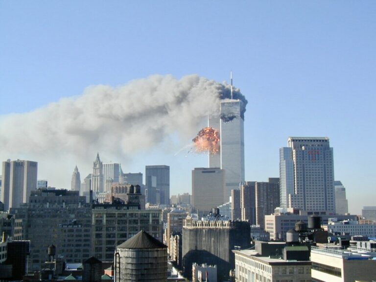 A photo of the World Trade Center after it was struck during a terrorist attack on Sept. 11, 2001. John Celardo photo courtesy of the National Archives.