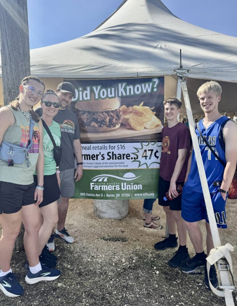 Members of the Crary family of Aberdeen were among more than a 1,000 people who enjoyed the Farmers Share Lunch Saturday, Sept. 5 during Farmers Union Day at the South Dakota State Fair in Huron. Left to right are Aya, Rachel, Nathan, Asher and Asa Crary. The lunch sold for only 47 cents. That’s the amount farmers receive for the ingredients used to cook each meal that was served. Photo courtesy of South Dakota Farmer’s Union.
