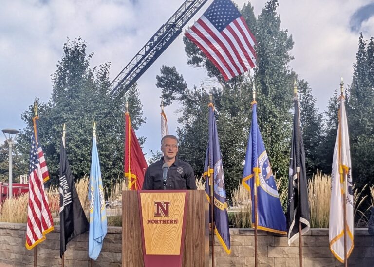 Aberdeen Mayor Travis Schaunaman speaks during a ceremony in remembrance of the 9/11 terrorist attacks. The event was Friday, Sept. 11 on the Northern State campus. Aberdeen Insider photo by Scott Waltman.