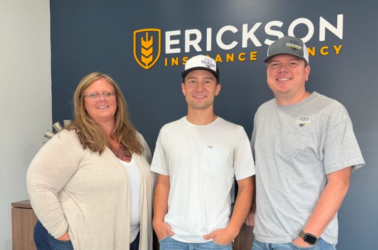 Evan Erickson, owner of Erickson Insurance, right, stands with other members of his newly opened Aberdeen office team, Denise Hannigan and Wyatt Kurtz. Courtesy photo.
