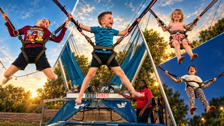 Kids fly into the sky on the Euro Bungy at Thunder Road, which is celebrating its 30th year in Sioux Falls. The Thunder Road in Aberdeen opened two years earlier. Lyrical Limelight/Dakota Scout photos by Devin Hoffie.