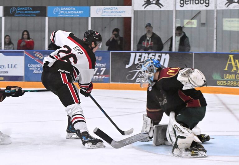 Aberdeen forward Campbell Epp switches the puck to his backhand and beats Minot goalie Luca Hoglind for a goal in the third period Saturday, Sept. 19 at the Odde Ice Center. The Minotaurs won 4-3. Aberdeen Insider photo by Robb Garofalo.
